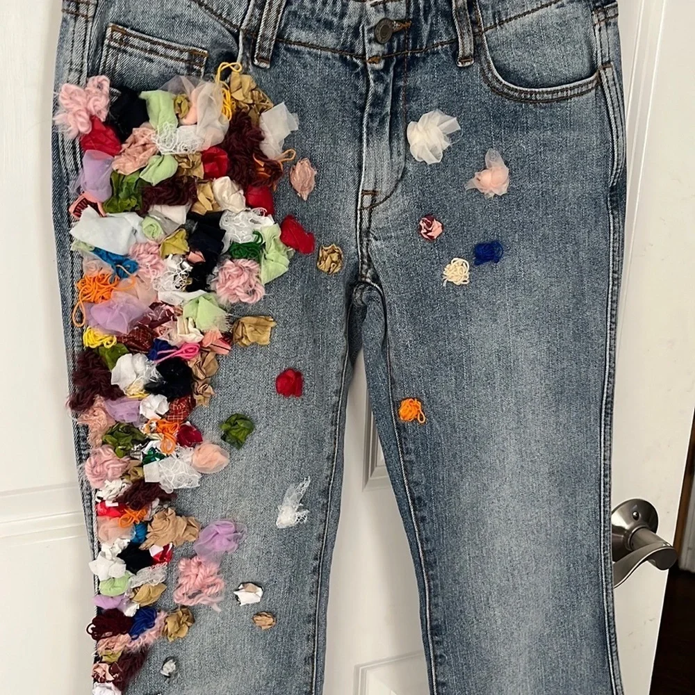 Custom Floral Embellished wide leg flare low rise J. Galt Shanghai Jeans small - Picture 2 of 11